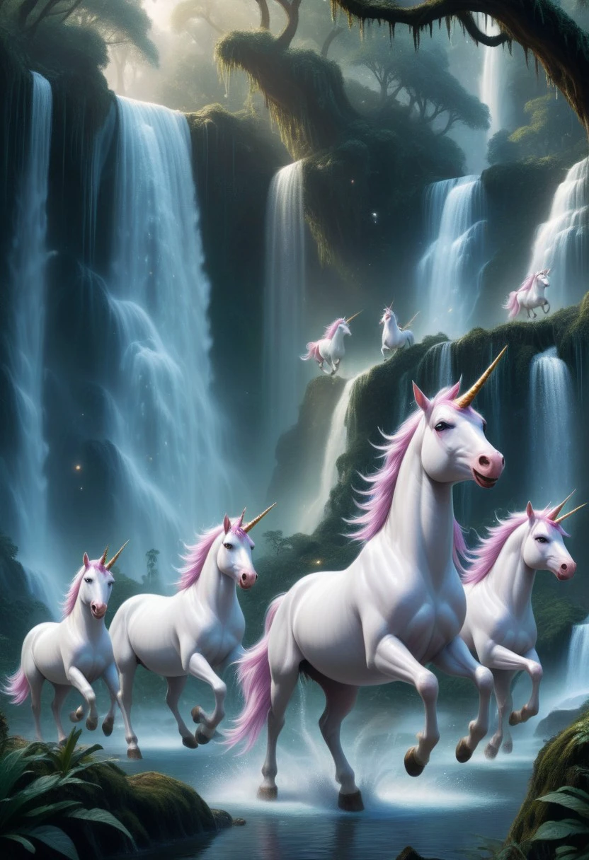 A group of unicorns galloping through a magical forest, with a sparkling waterfall in the background, Faeothic