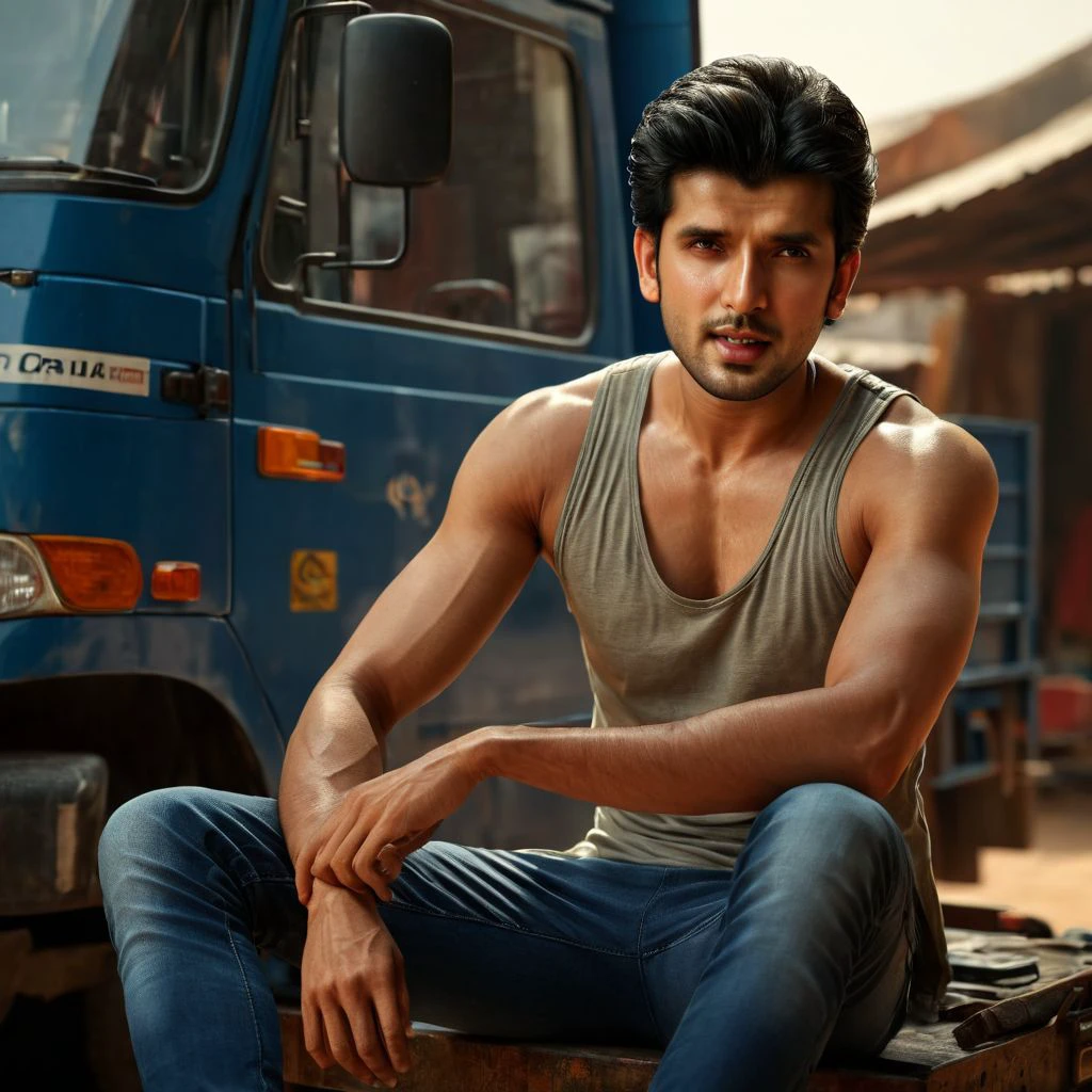 low camera shot, Paras Kalnawat a man <lora:Paras-Kalnawat:1>, rugged, detailed face, sitting legs crossed inside cabin lorry, legs dangling, wearing tank top, sunlight, barefoot, masterpiece,8k,depth of field, bokeh, detailed,sharp focus,,elegant, cinematic lighting, ,photorealistic, taken using a Leica SL2 & the APO-Summicron-SL 28 f/2 ASPH lens, shutter speed 1/200s, ISO 100 and natural light, Hyper Realistic Photography, Cinematic, Cinema, Hyperdetail, UHD, Color Correction, hdr, color grading, hyper realistic CG animation ((remarkable color)), (ultra realistic), textured skin, remarkable detailed pupils, ((realistic dull skin noise)), ((visible skin detail)), ((skin fuzz)), shot with cinematic camera, 3D render, ((hyper realism)), sharp focus, cinematic lighting, photo realistic, hyper realistic. 4k, natural, global illumination, caustics, ratytracing, Unreal Engine, highly detailed, High dynamic range, vivid, rich details, clear shadows and highlights, realistic, intense, enhanced contrast, highly detailed <lora:add-detail-xl:1>