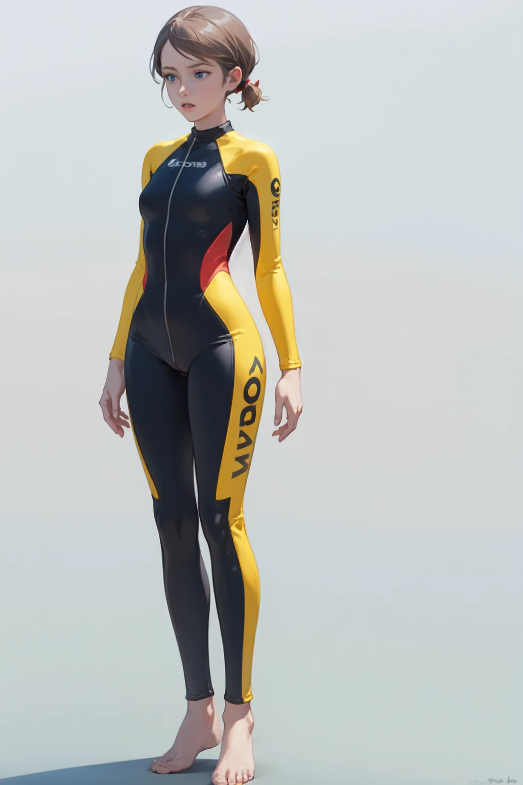 jess harding, blue eyes, brown hair, short hair, short twintails, woman, solo, full body, barefoot, scuba suit, yellow and black bodysuit, standing, blank background