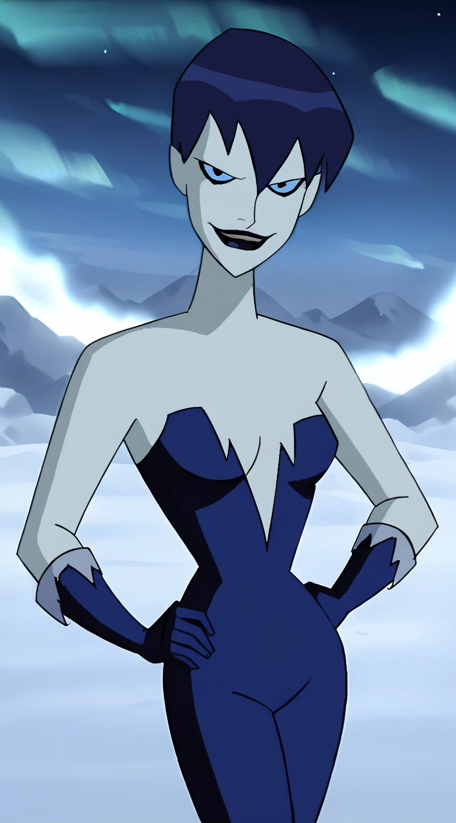 ((masterpiece,best quality)), absurdres,
<lora:Killer_Frost_JLU:0.5>, Killer_Frost_JLU, 1girl, blue dress, blue hair, beautiful face,
solo, smiling, smug, looking at viewer, cowboy shot,
ice background, cinematic composition, dynamic pose,
