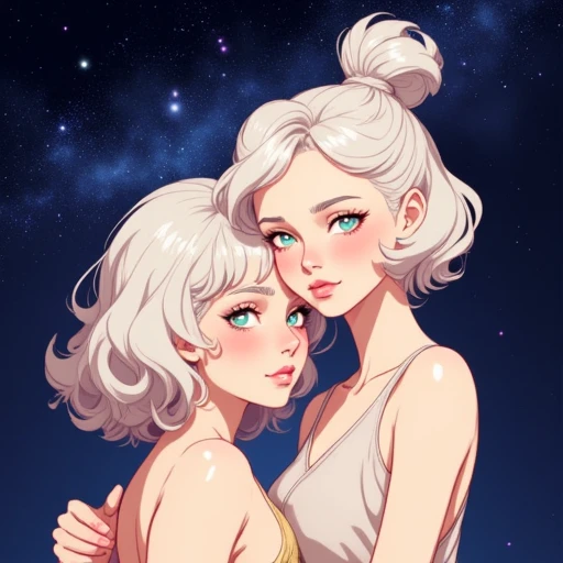 adding a celestial ambiance to the scene.   The woman on the left has short, digitally illustrated portrait of a young woman with a distinctly anime-inspired style. She has fair skin and a delicate, almost platinum blonde color with a glossy sheen, which are accentuated by thick, intimate pose, standing out against the darker background.   Behind her, platinum blonde hair styled in loose curls cascading down her shoulders, delicate hairpin. Her hair is a light