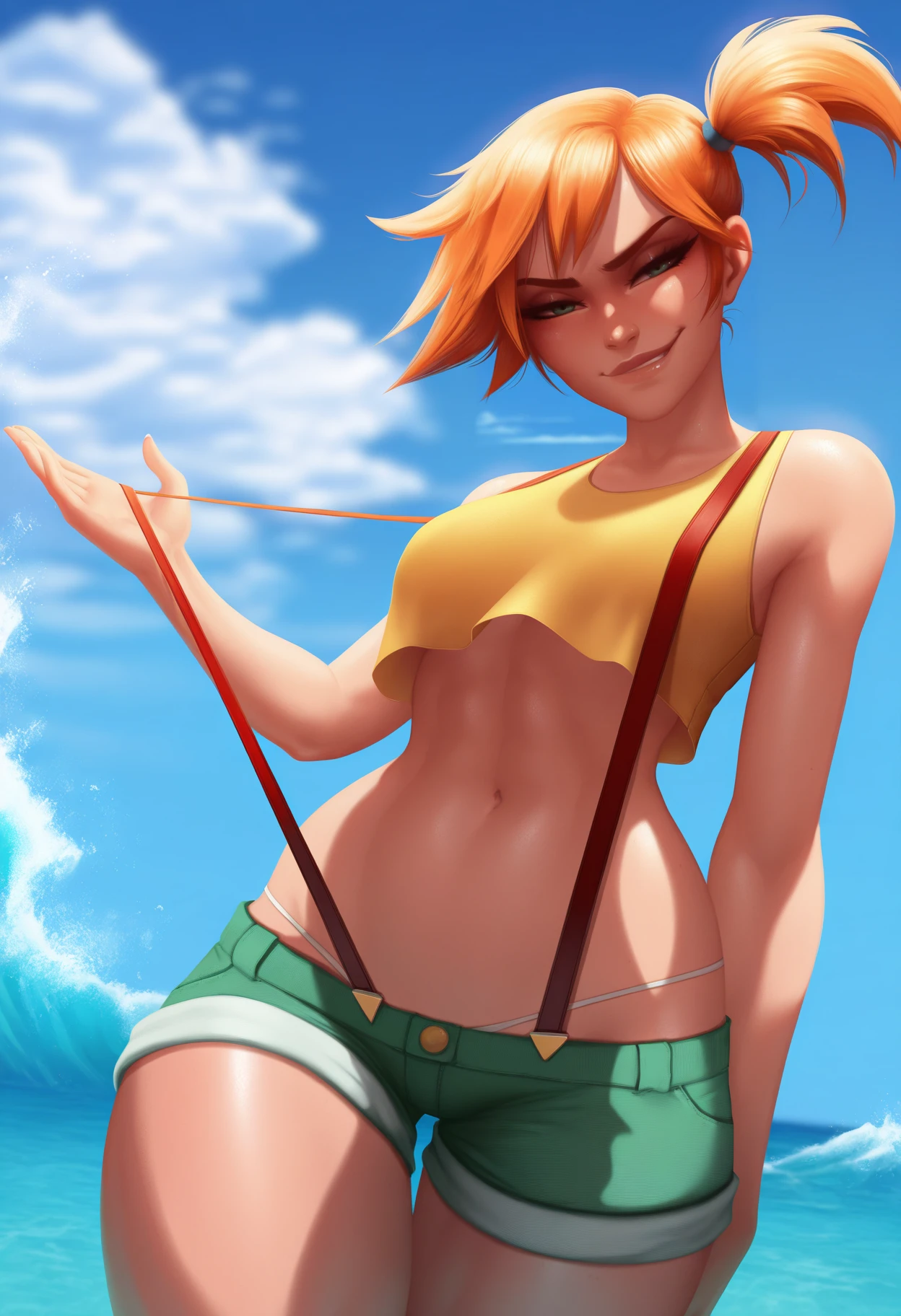 luminyu, best quality, amazing quality, very aesthetic, absurdres,
1girl, misty \(pokemon\), orange hair, side ponytail, yellow crop top, suspenders, short shorts, thong, looking at viewer, solo, smirk, wave , sea, blue sky, ocean <lora:LuminyuIllustriousXL_byKonan:1>