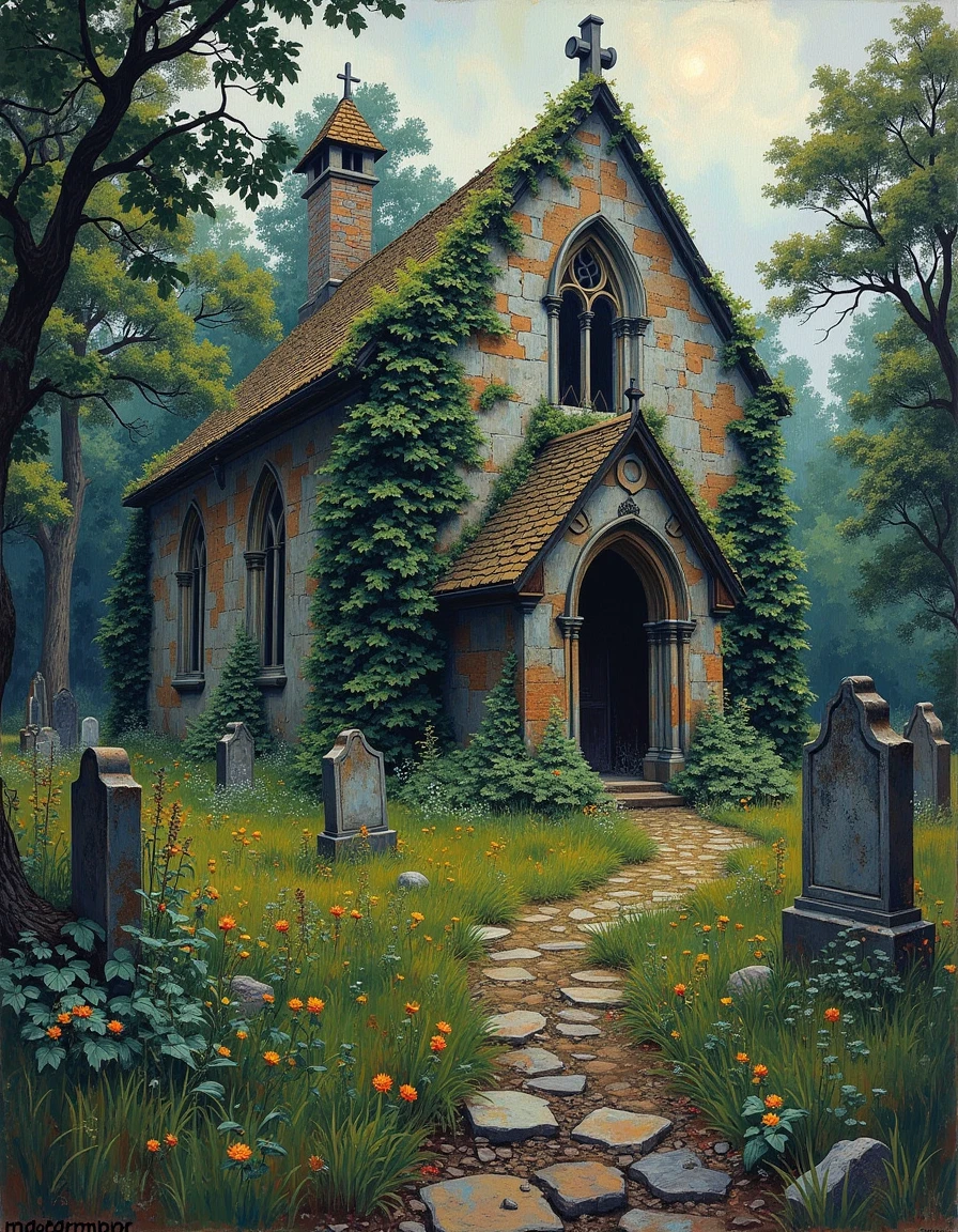 m0d3rn1mpr An old, crumbling church surrounded by an overgrown graveyard, with tall grass and vines overtaking tombstones. The windows are shattered, and a soft, unnatural light glows within. atmospheric horror, gothic ambiance
<lora:modern-impressionist:0.8>
