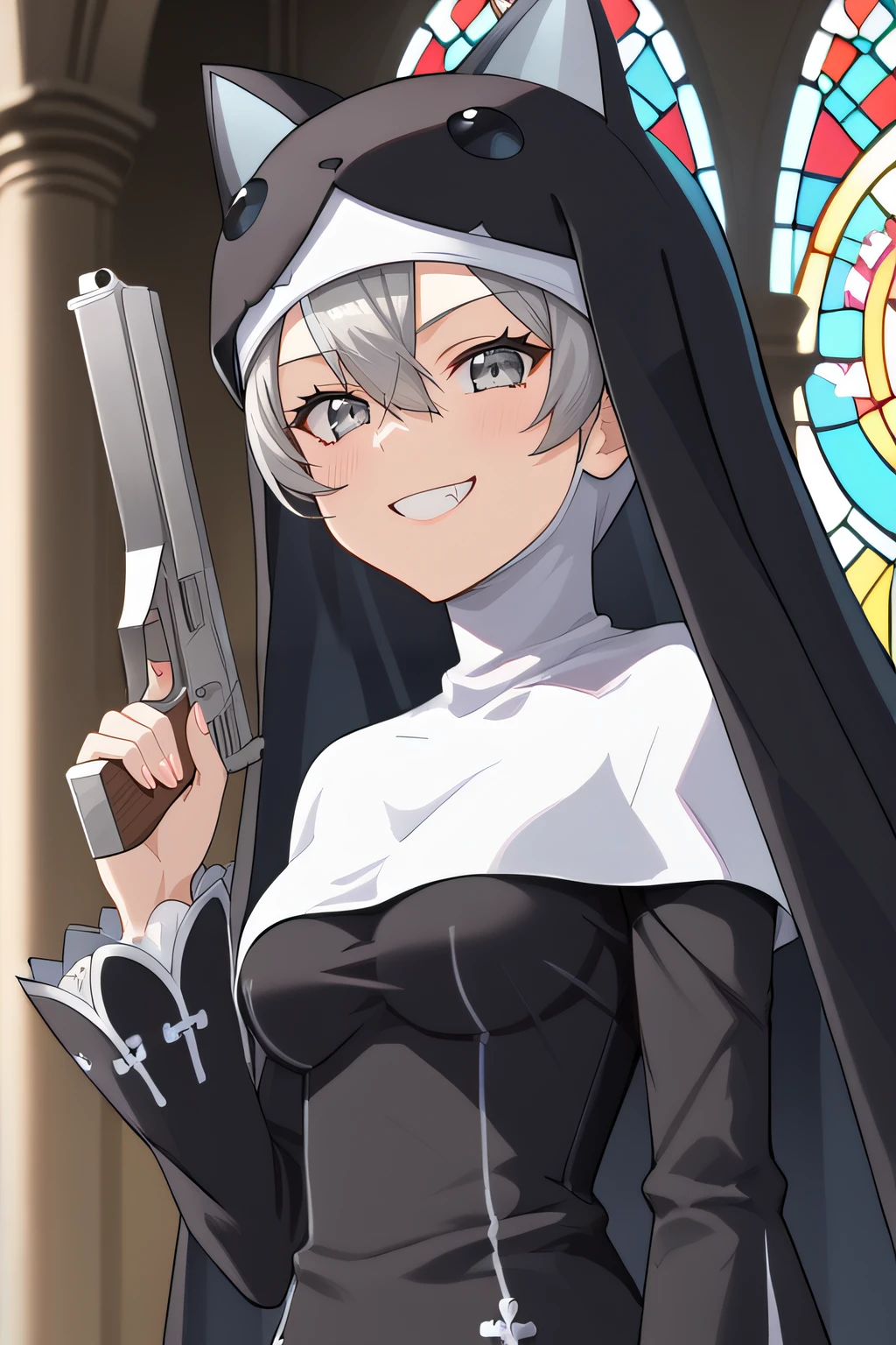 score_9, score_8_up, score_7_up, source_anime, rating_safe, intricate details, anime screencap, official style, 1girl, solo, <lora:Sistermon_Noir:1>, sistermonnoir, grey hair, grey eyes, nun, habit, fake animal ears, looking at viewer, smile, indoor, teeth, fang, naughty face, cowboy shot, holding a gun