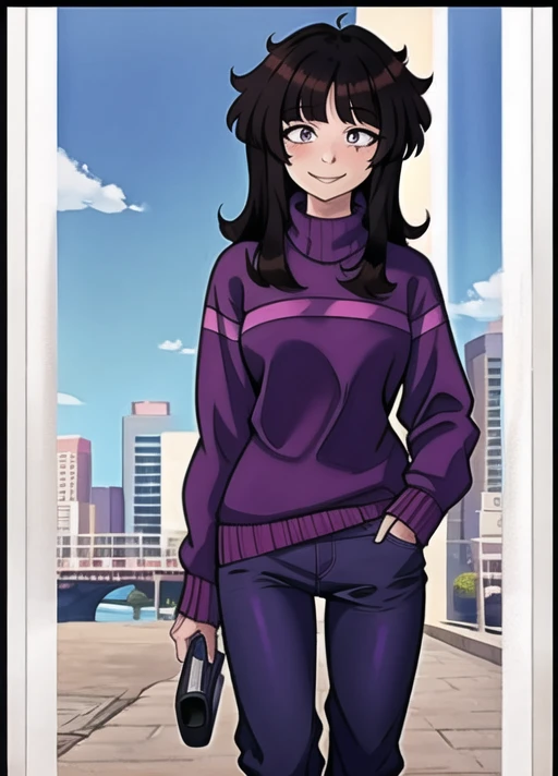 <lora:sarah_henderson:1>sarah_henderson,smile,looking at viewer,solo,1girl,detailed, 4k,purple sweater, jeans, brown waist,black hair