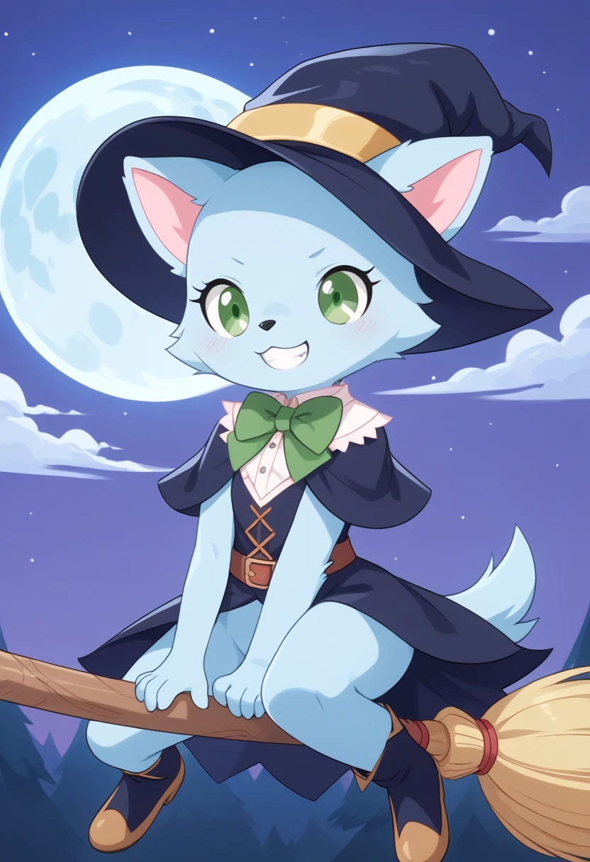 score_9, score_8_up, score_7_up, score_6_up, score_5_up, BREAK
m1lky, anthro, female, jewelpet, solo, bow, green eyes, green bowtie, no humans, :3, full moon, blue fur, grin, witch, witch hat, witch cosplay, night time, , sitting on broom, flying broom