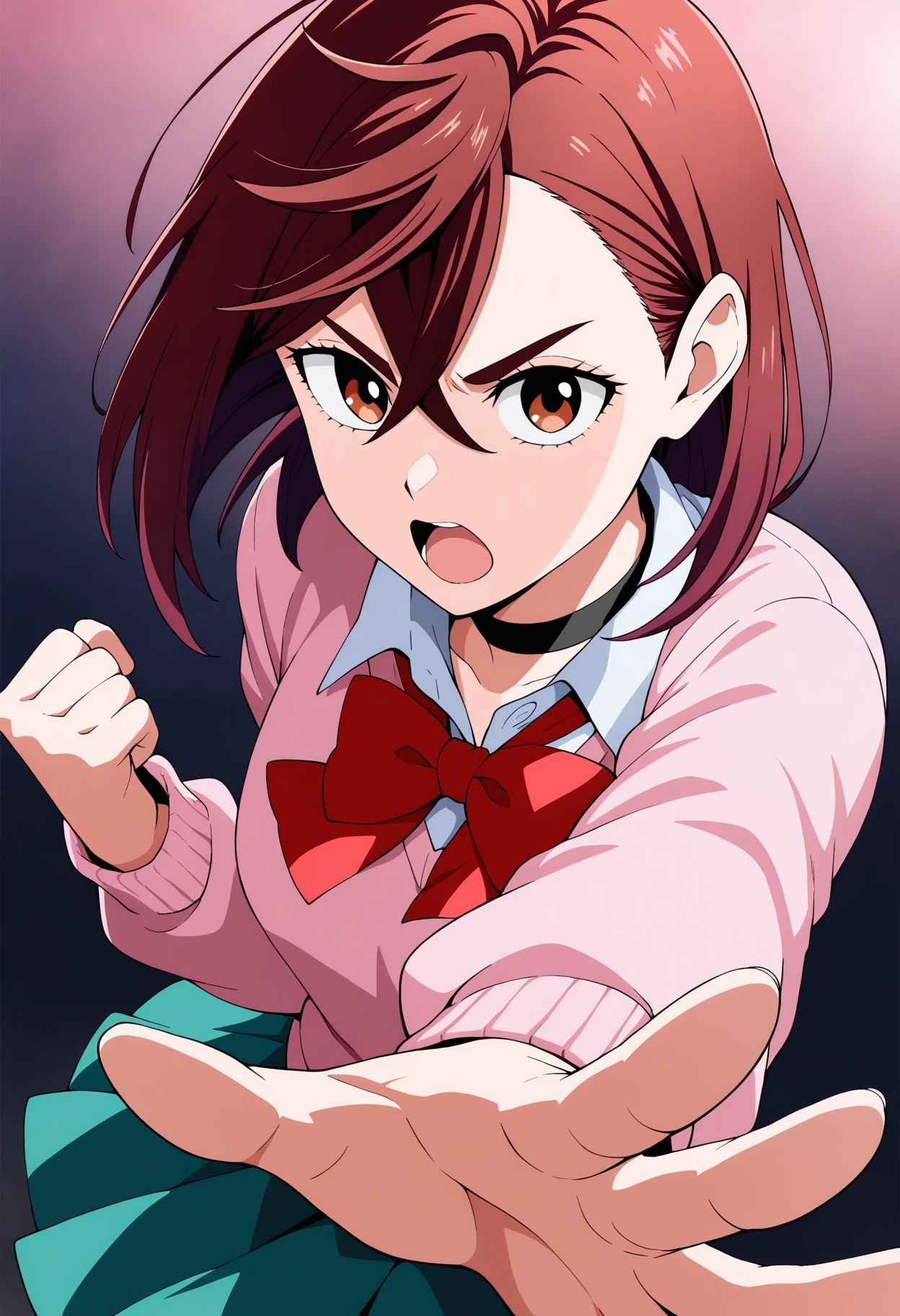 (masterpiece, best quality, ultra-detailed), 1 girl_solo, hmshiki, short hair, ahoge, red jacket, blue eyes, blue kimono, open clothes, fur trim, (ahegao), (rolling eyes), deepthroat, deepthroat face, blush, open mouth, tongue out, saliva, night club, Top-down Bottom-up, looking at viewer, 