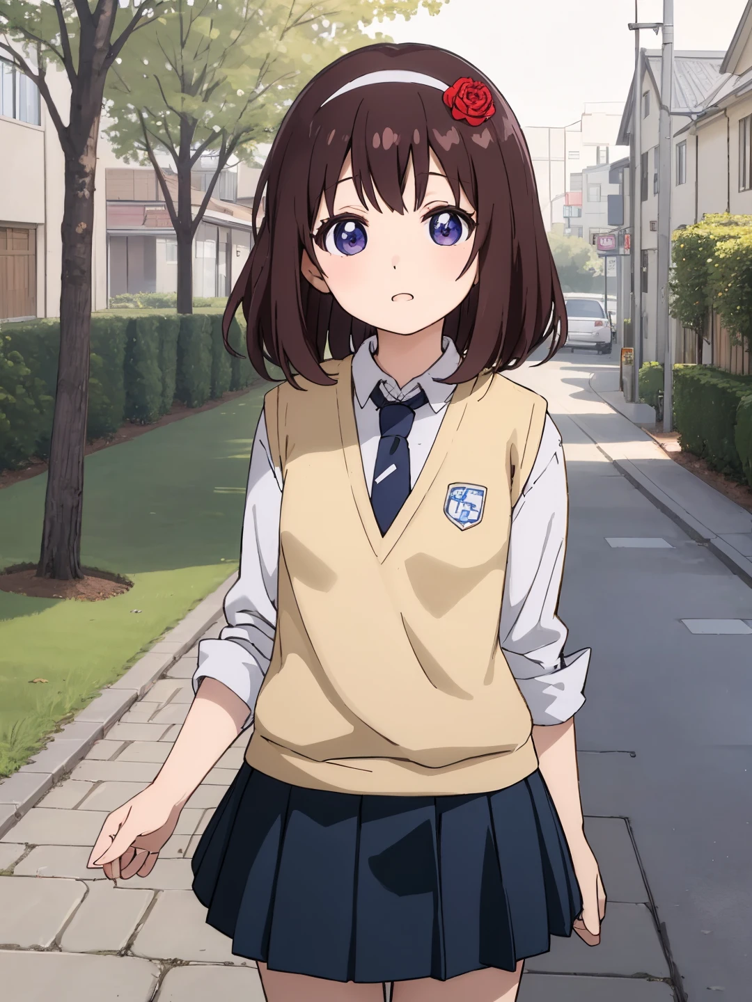 <lora:Yaeno_Miho_0R:0.6>
yaeno miho, purple eyes, brown hair, medium hair, white hairband, red hair flower
school uniform, yellow sweater vest, white shirt, blue necktie, blue skirt
masterpiece, best quality, ultra-detailed, detailed, detailed skin, absurdres, 8k, digital art
1girl, solo, facing viewer, standing, looking at viewer, cowboy shot
(outdoors, toyama, city, building, tree, cherry blossums, flower bed, grass, bush, street, stone floor)