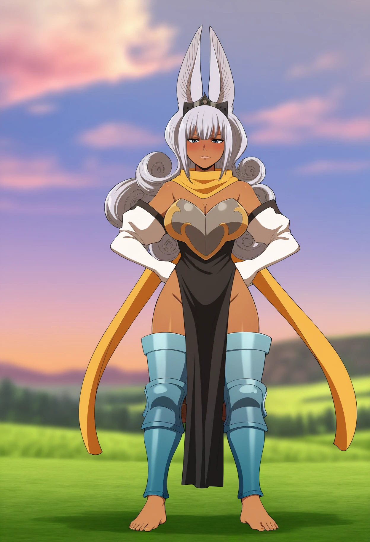 best quality, amazing quality, very aesthetic, absurdres,
1girl, ftdgswa, grey hair, long hair, curly hair, blue eyes, dark skin,
bat ears,
yellow scarf, armor, bare shoulders, cleavage, elbow gloves, no panties, pelvic curtain, (barefoot:1.3),
hands on hips, standing, full body, solo, looking at viewer, grass, blue sky, meadow background   <lora:SwanIllustriousXL_byKonan:1>