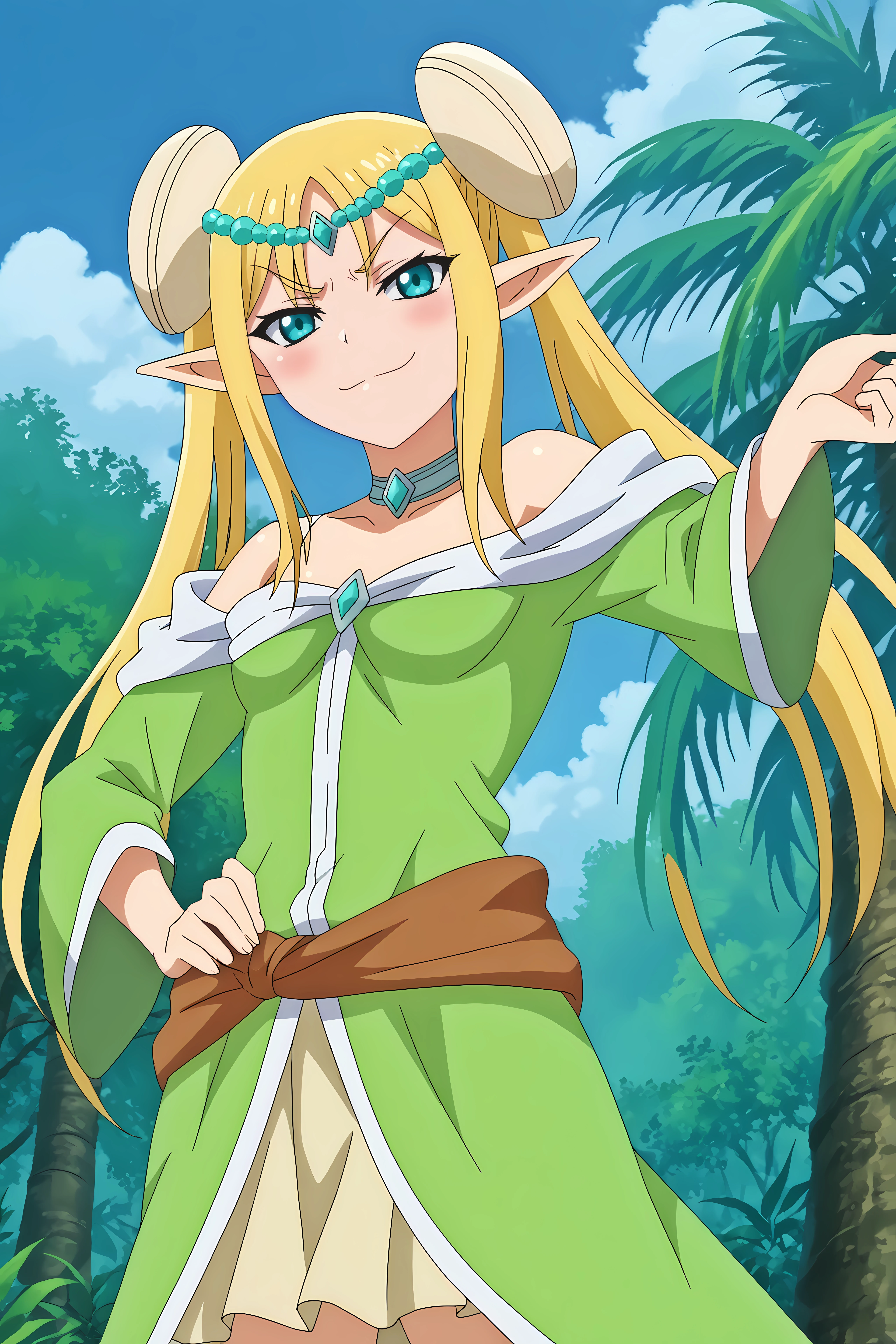 vegan eldriel,1girl,solo,twintails,long hair,pointy ears,elf,breasts,dress,circlet,small breasts,hair ornament,smile,hand_on_hip,smirk,cowboy_shot

BREAK
outdoors,jungle,tree,blue sky,flower



<lora:Vegan_Eldriel_-_Peter_Grill_to_Kenja_no_Jikan.safetensors:0.8>
<lora:detailed_backgrounds_v2.safetensors:0.5>
