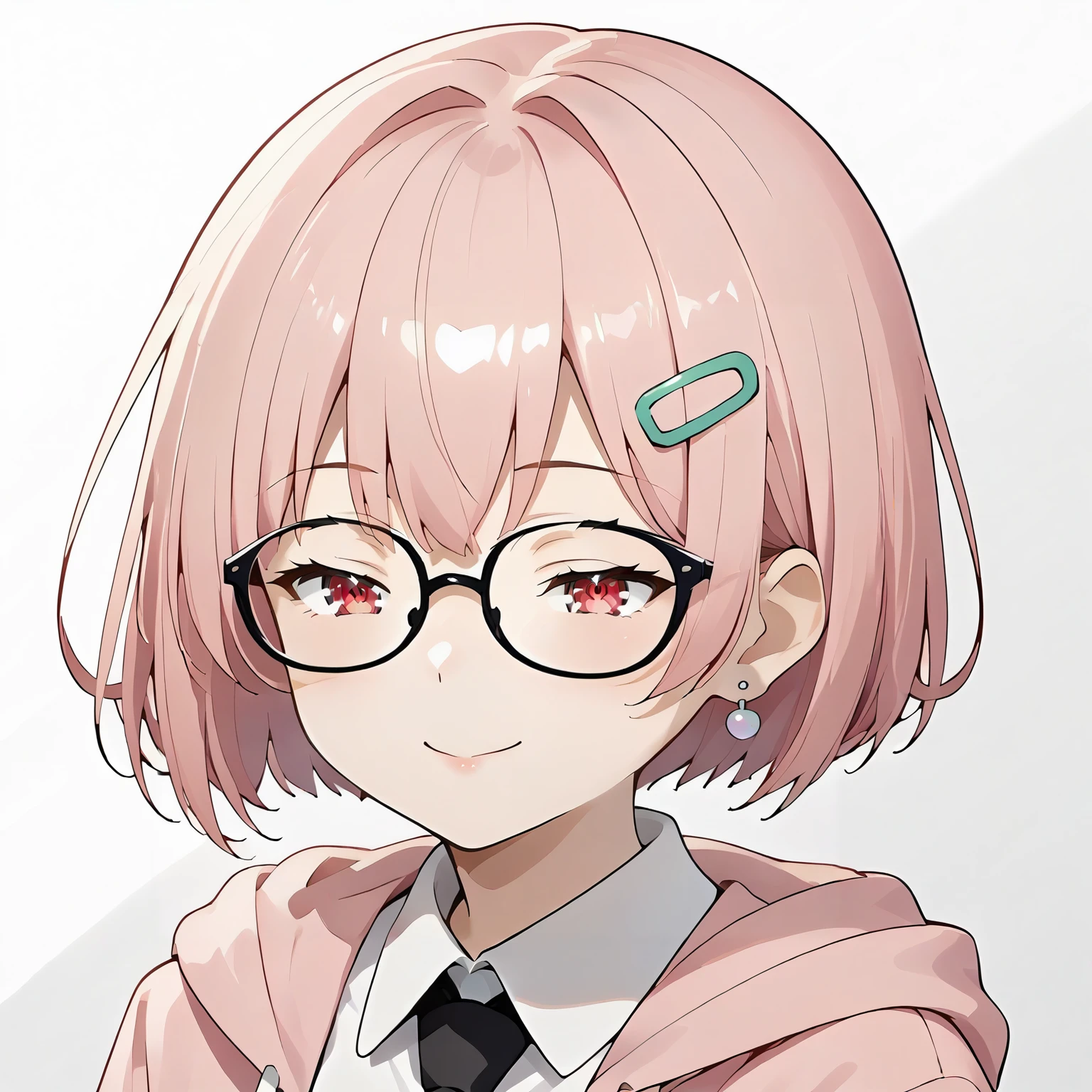 <lora:OCC_AkaneXLpony005:0.8>,
white background,
smile,closed eyes,
solo,
Akane,1girl,pink hair,bob cut,red eyes,hairclip,
glasses,earrings,
pink hoodie jacket,wing collar,white shirt,black necktie,
upper body,