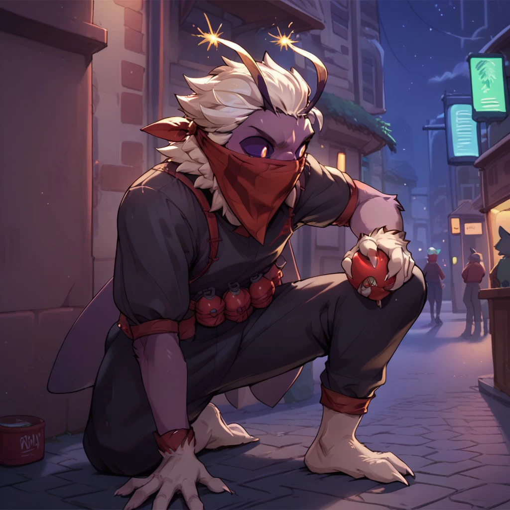 score_9_up, score_8_up, score_7_up, mollo, 1boy, moth, insect, grey fur, white hair, black sclera, andromorph, antenna, kneeling, (on one knee), holding bomb, black clothing, red bandana, alleyway, hiding, night, looking around a corner