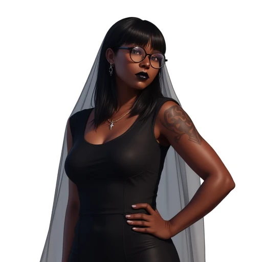 bangs, black lips, veil, outdoors, black-framed eyewear, dark skin, dark-skinned female, white background, hand on hip