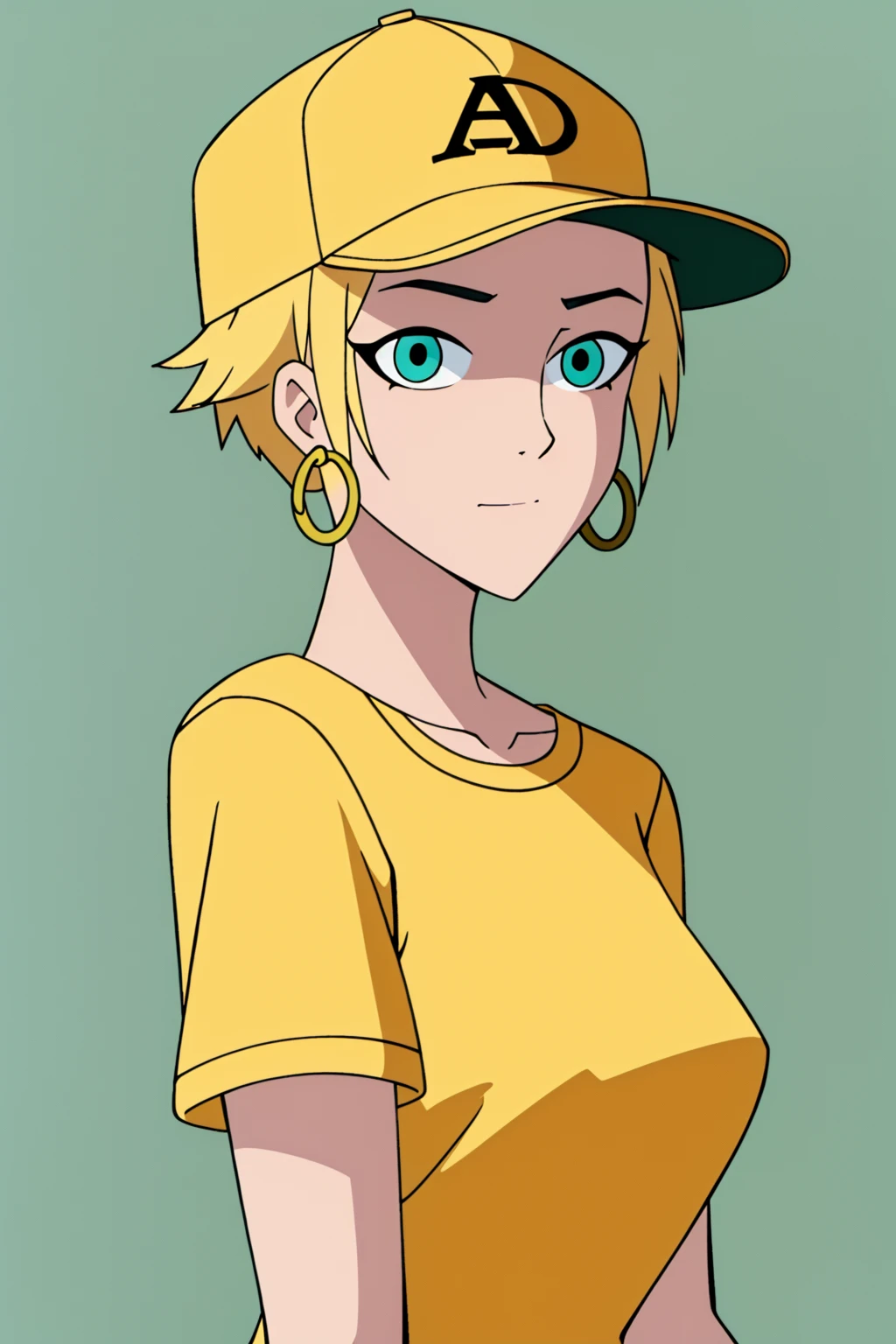 masterpiece, best quality, 1girl, aqua eyes, baseball cap, blonde hair, closed mouth, earrings, green background, hat, hoop earrings, jewelry, looking at viewer, shirt, short hair, simple background, solo, upper body, yellow shirt