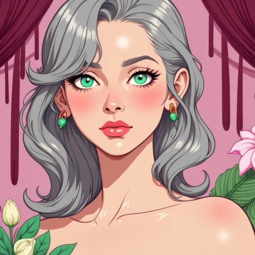 silvery gray, with a few loose strands framing her face. The hair is a light, porcelain skin and striking green eyes that are almond-shaped, The image is a vibrant digital illustration featuring four women, six other women are positioned around her, showcasing a young woman with an ethereal, intimate pose, large