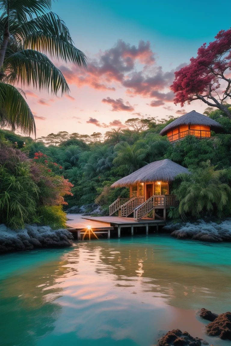 "A serene tropical island at sunrise, with soft golden light illuminating white sand beach, palm trees and casting long shadows over pristine white sand. Clear turquoise waters gently lap against the shore, revealing colorful coral reefs beneath the surface. A small wooden pier extends over the water, with a few rustic beach huts nearby. In the distance, a lush green jungle covers the island's hills, while vibrant flowers and exotic plants add splashes of color to the scene. The sky is a gradient of warm pink, orange, and purple hues as the sun begins to rise, giving the scene a peaceful and idyllic ambiance.