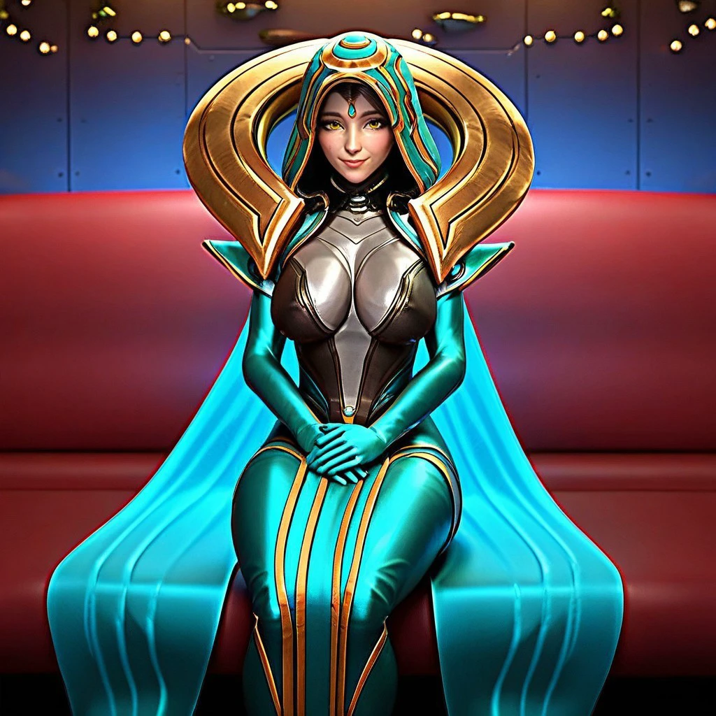 safe_pos, score_9, score_8_up, score_7_up, very aesthetic, extremely detailed, 1girl, solo, sitting, hands on lap, looking at viewer, smile, close-up, sona-odyssey, yellow eyes, hood up, large breasts, bodysuit, mature female, forehead jewel, gem, elbow gloves, dress, makeup, curvy, wide hips, thick thighs, spaceship, 3d touchs, 3d details, 8k, detailed eyes, beautiful, detailed background, perfect eyes, ource_anime, very aesthetic, anime screencap, anime coloring