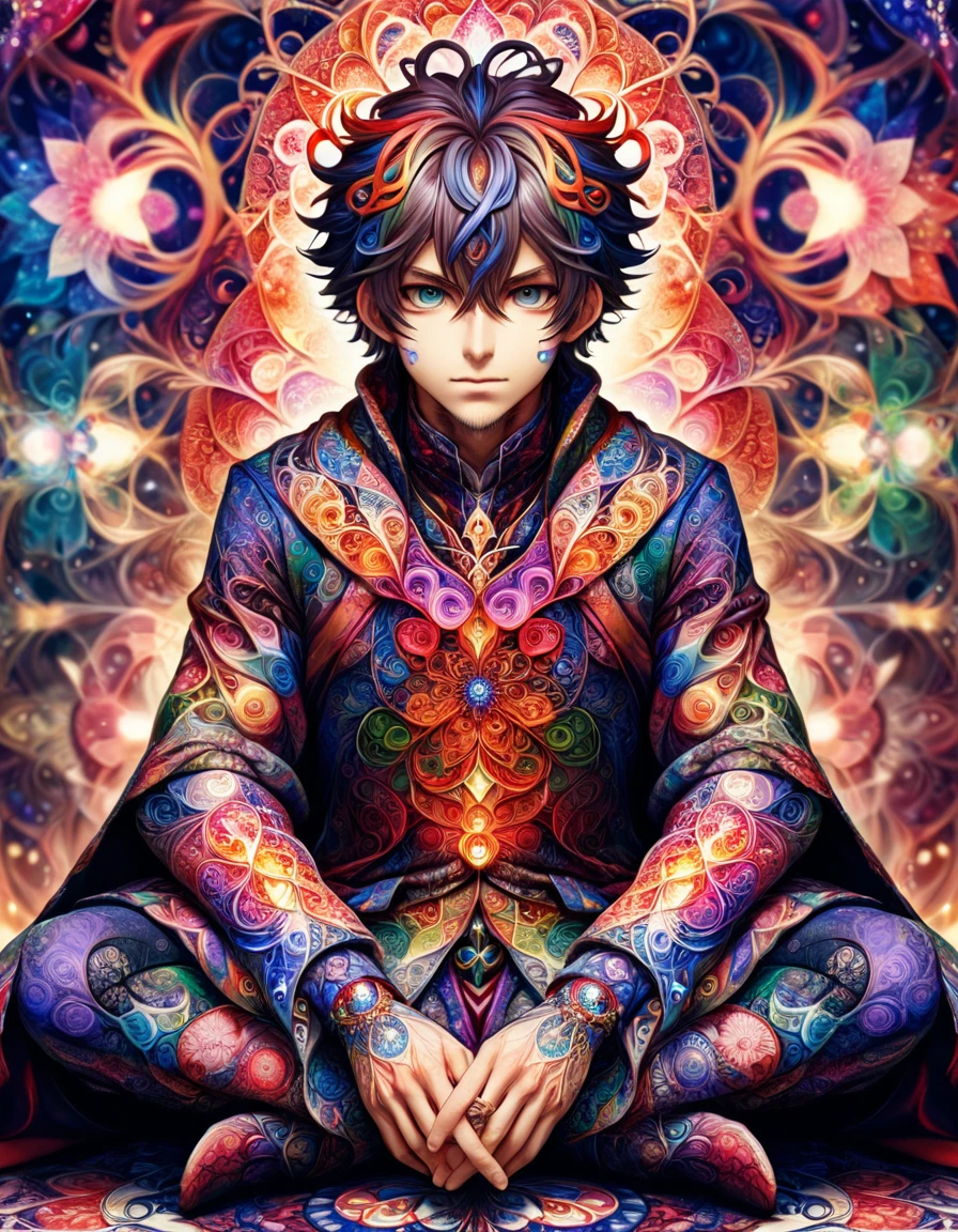 (manga art designed by Edogawa Ranpo:1.1) , anime art, colorful Cinematic still, Semi-Abstract (ral-kldscop:1.2) , sitting and talking, wearing Mage costume, he has a charming Crazy Eyes, at Dusk, ultrafine detailed, Colorful, matte skin, anime style, <lora:ral-kldscop:1>, great light, professional fine composition, artistic, fantastic aesthetic, perfect symmetry, dynamic