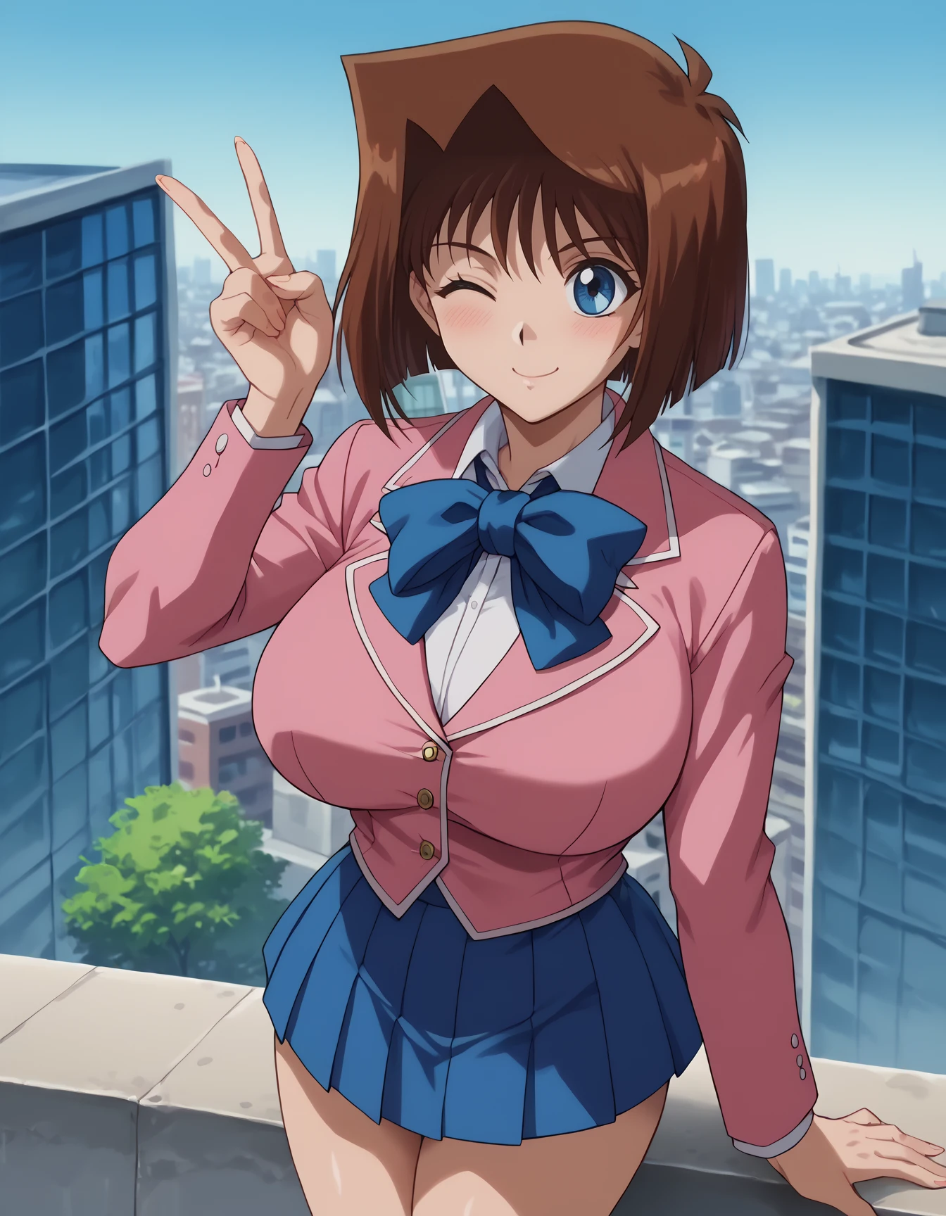 <lora:Anzu_MazakiPonyXL:0.7>, score_9, score_8_up, score_7_up, score_6_up, source_anime,  anime screencap, BREAK, uncensored,  brown hair, short hair, blue eyes, athletic sexy body, slim waist, huge breasts, anzumazakispe, blush, smile, curvy,  school uniform, blue bowtie, blazer, pink jacket, long sleeves, pleated skirt, blue skirt, rooftop, city, smile, peace sign, one eye closed,<lora:Anime_Screencap:1>,  <lora:PerfectEyesXL:1>,  <lora:thicc_v1.4-pony:1>,