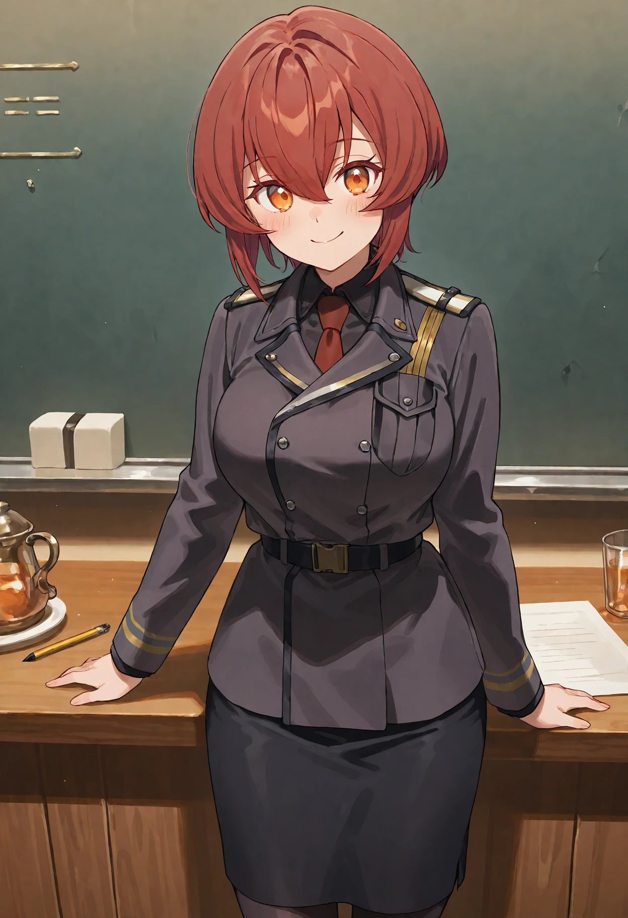 1girl, , kurenakukumila, 1girl, solo, red hair, smile, military uniform, short hair, , looking at viewer, red necktie, brown eyelashes, black blazer, sidelocks, long sleeves, black pantyhose, hair between eyes, black pencil skirt, , belt, cowboy shot, collared shirt,, orange eyes, blush, Dining room, large breasts, ,<lora:kurenakukumila_ill:1>