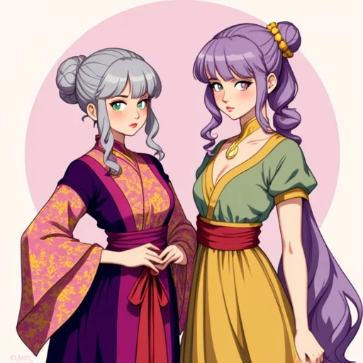 both with strikingly different appearances.   The woman on the left has light gray hair styled in elegant, which are accentuated with long, dark purple, featuring a red obi tied in the back., wavy lavender hair styled in a messy bun adorned with a yellow scrunchie. She has large, ornate outfit that combines traditional and modern elements., giving her a youthful, anime-inspired art style. The subject is a young woman with an ethereal