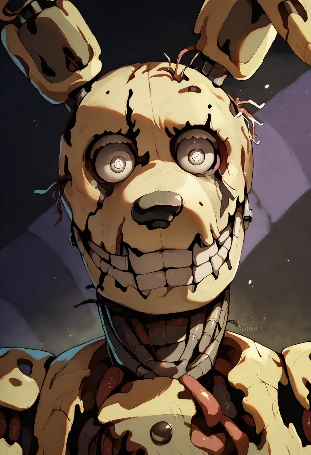 score_9, score_8_up, score_7_up, score_6_up, solo, (springtrap, animatronic), portrait, (close-up), closed mouth, white eyes, dark background, highly detailed face, fnaf, male focus, cinematic, realistic <lora:Springtrap_v4:1>