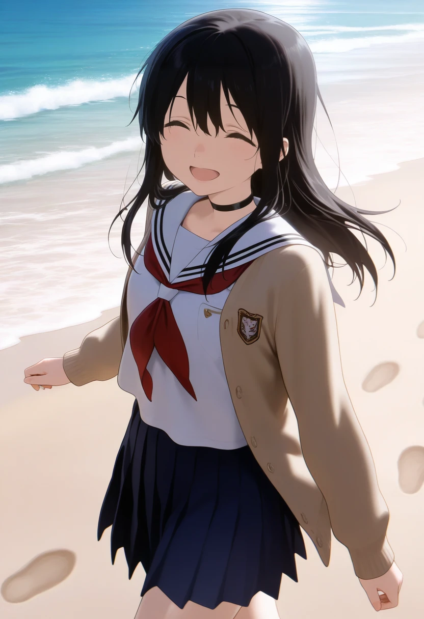 1girl, ueno naoka, long hair, black hair, bangs, hair between eyes, small breasts, <lora:Ueno_Naoka2-06:1>, school uniform, serafuku, white sailor collar, red neckerchief, beige cardigan, blue pleated skirt, open cardigan, white shirt, looking at viewer, solo, black choker, cowboy shot, ^_^, beach, closed eyes, footprints, looking back, ocean, open mouth, outdoors, sand, smile, walking, water, waves, volumetric lighting, shiny skin, humid skin, BREAK, best quality, amazing quality, highres, absurdres, very aesthetic, high resolution, ultra detailed, perfect details <lora:nyalia:0.4>