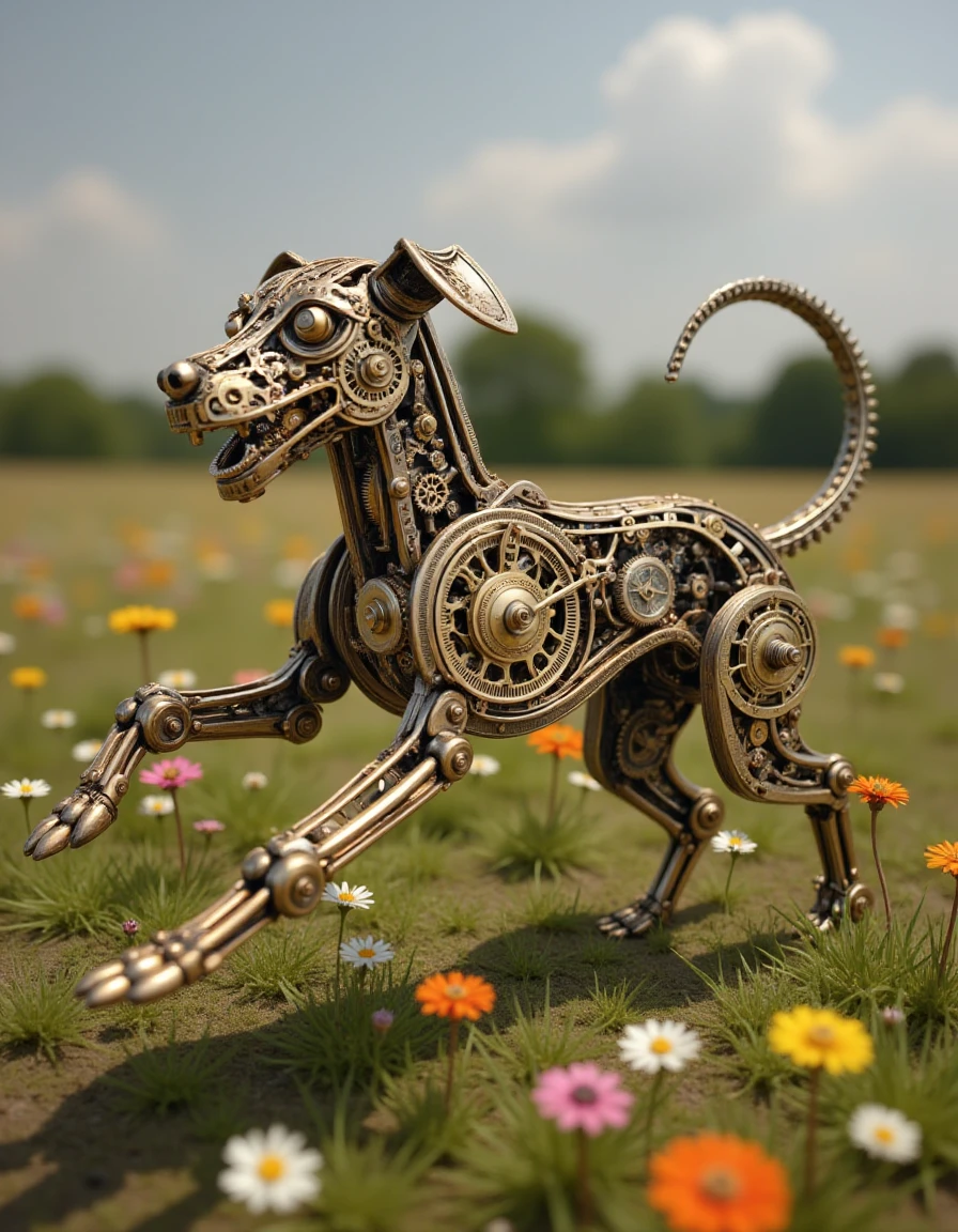 a clockwork dog running through a field of flowers, internal gears, inside, cogs and wheels, tiny delicate gears so small all working together to make it move, <lora:mechanica_v42_rank32_bf16-step00456:1>, clckwrk