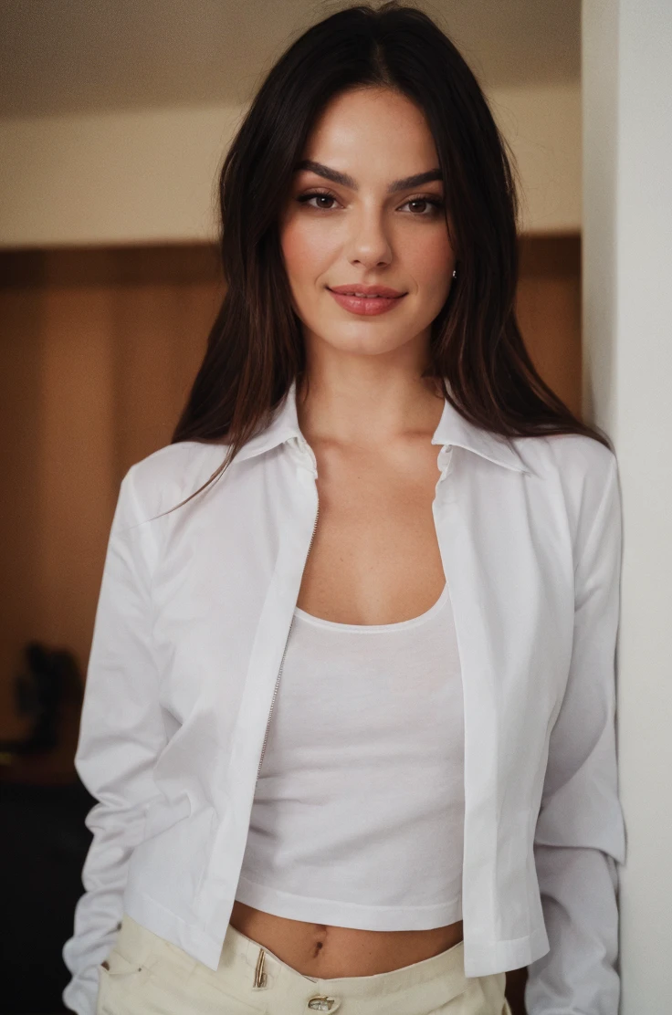 (High quality), (masterpiece), realistic, 8K, isisvalverde, [jewelry, leather jacket,  ring, white t-shirt, shirt tucked in, pants], long hair, looking at viewer, on back, smirk, realistic, <lora:IsisValverdev2-000008:0.95>