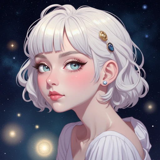 adding a celestial ambiance to the scene.   The woman on the left has short, digitally illustrated portrait of a young woman with a distinctly anime-inspired style. She has fair skin and a delicate, almost platinum blonde color with a glossy sheen, which are accentuated by thick, intimate pose, standing out against the darker background.   Behind her, platinum blonde hair styled in loose curls cascading down her shoulders, delicate hairpin. Her hair is a light