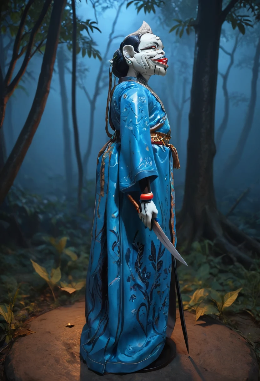 image of a man with blood on his hands and standing in some leaves holding a knife with trees behind him covered in foggy blue light in background to depict the middle of night, <lora:Wayang_Golek_Semar:0.85>, wayang_golek, indonesian stick puppet, semar, glossy paper, iso150,  35mm, score_9, score_8_up, score_7_up, close up, indonesian batik, tent skin, cultural clothing, windswept hair, facing viewer, detailed ornaments, ((light asian skin)), very detailed big eyes, intricate details, <lora:Hyperrealism style v3:0.5>, Hyperrealism style, 3d, concept-art, dreaminess, psychedelic, surreal, vibrant, shallow-depth-of-field, contemporary, soft bokeh, futuristic, other-worldliness, Unreal, real-time 3D, Epic Games style, Unreal Engine style, 3d-rendering