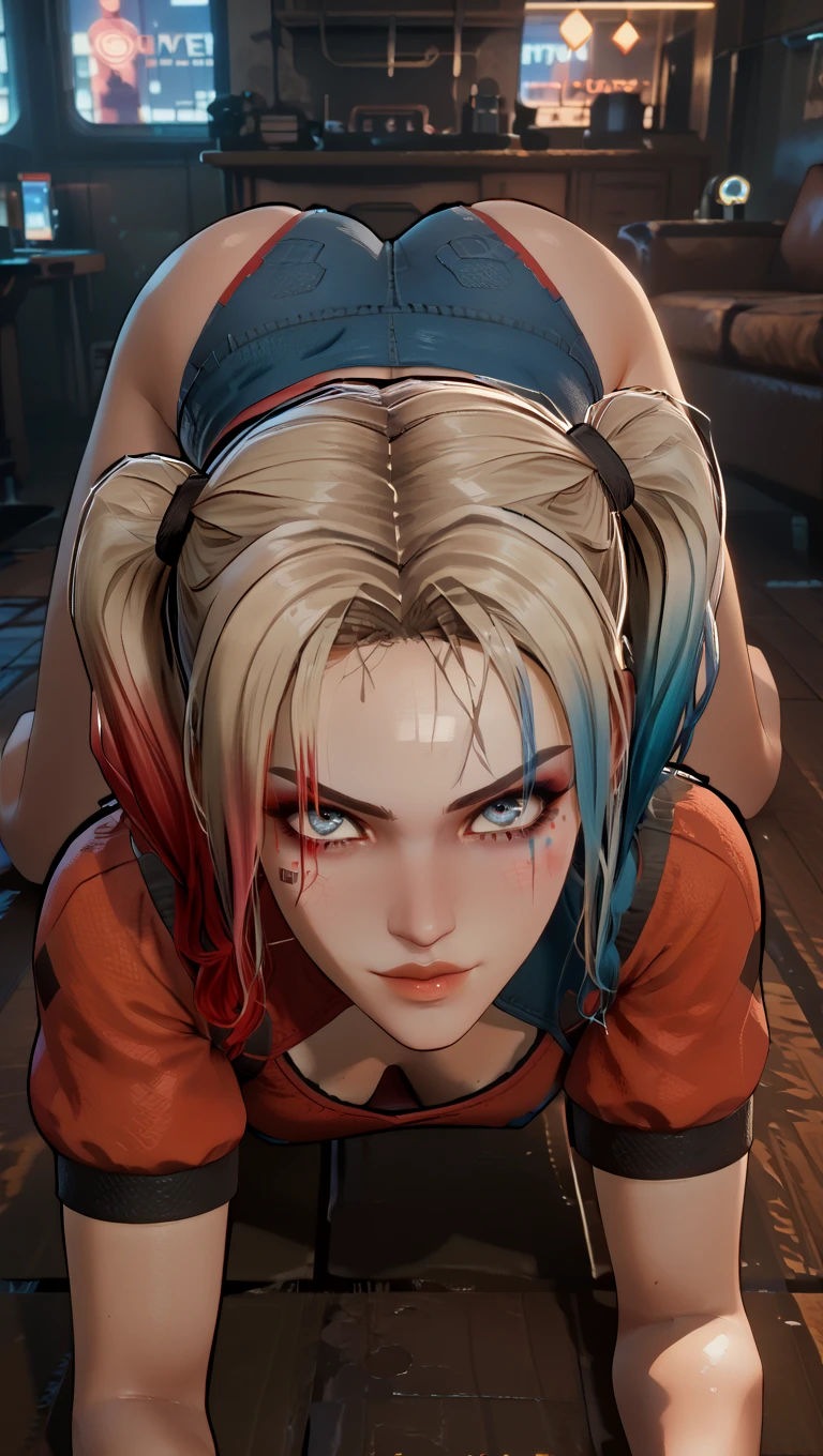 A man stands in front of Harley Quinn, the man is pushing her face toward his groin, his penis is large and dripping, he pulls her toward his penis, she cries, she is performing fellatio, he forces her to give him a blowjob, he pushes his penis into her mouth, she is forced to suck it, his penis drips with semen, her face get covered with semen from the penis , she is screaming, her her hands are tied up,  the man is pulling on her hair, his penis sprays Harley in the face with cum, her face is drips with semen, she is screaming and scared, she is crying, semen drips from her cheek, her breasts are soaked in semen, he skin wet from the cum, she doesn't want to do this, but he uses her like a sex slave