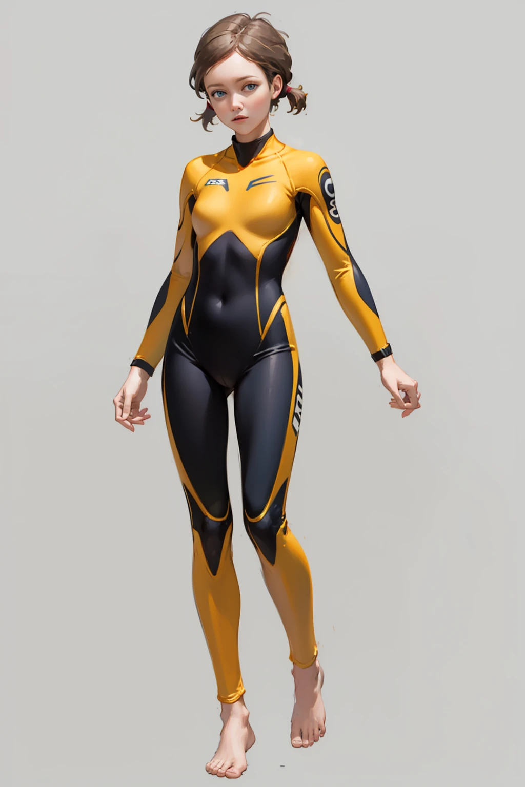 jess harding, brown hair, short twintails, blue eyes, 1girl, solo, full body, standing, blank background, grey background, white background, barefoot, black/yellow bodysuit, divingsuit