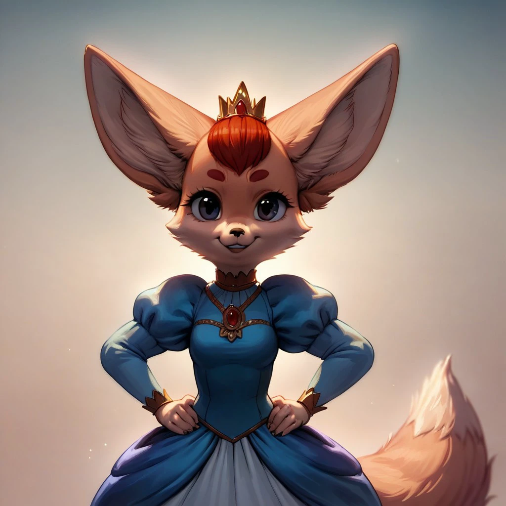 score_9, score_8_up, score_8, score_7, source_cartoon, source_furry, high quality, detailed,Fennec fox, Fennec, fox, anthro, female furry, 1girl, orange and white fur, short hair, red hair, fluffy tail, princess dress, puffy sleeves, smiling, looking at viewer, front view, pov, standing, hands on hips,