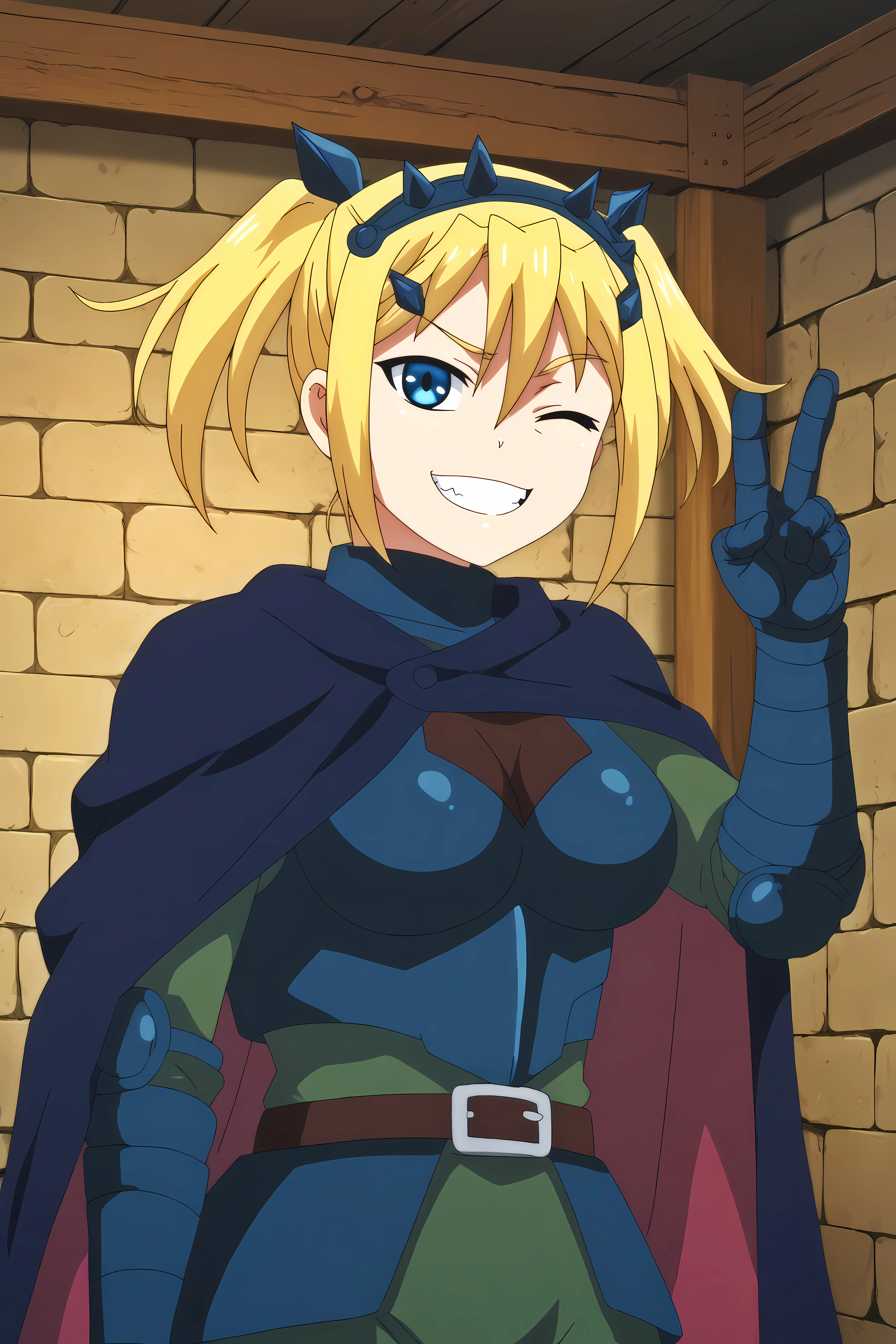 lucy grill,1girl,solo,smile,twintails,breasts,hair ornament,hair between eyes,large breast,short hair,armor,cape,belt,gauntlets, gloves, hairclip,peace sign, wink,teeth

BREAK
indoors,medieval house



<lora:Lucy_Grill_-_Peter_Grill_to_Kenja_no_Jikan.safetensors:0.8>
<lora:detailed_backgrounds_v2.safetensors:0.5>