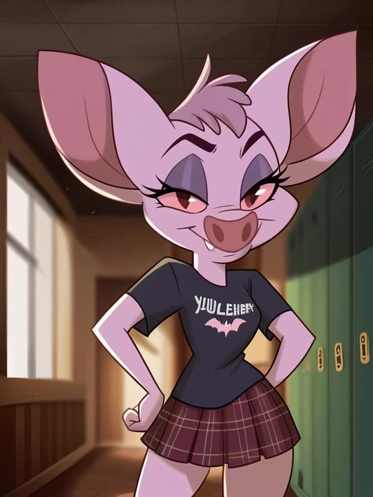 score_9, score_8_up, score_7_up, score_6_up, score_5_up, score_4_up, source_furry, anthro bat, Femme_Bat, black t-shirt, band logo, skirt, school, hallway, lockers, poster, bulletin board, detailed face, detailed eyes, detailed background, <lora:femme-bat-v1:1.0>