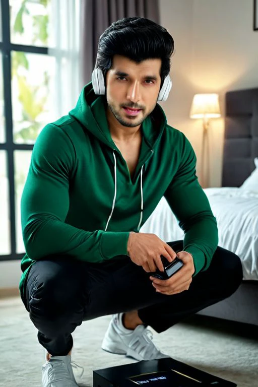 breathtaking cinematic photo masterpiece,highest quality,perfect quality, Paras Kalnawat a man <lora:Paras-Kalnawat:1>, wearing a green hoddie, squatting on ground,(wearing a wireless white headphones:1.5),holding gampad,in the bedroom,looking at the camera,cozy scene,35mm photograph,film,bokeh,professional,4k,highly detailed . award-winning, professional, highly detailed,. 35mm photograph,film,bokeh,professional,4k,highly detailed . award-winning,professional,highly detailed,