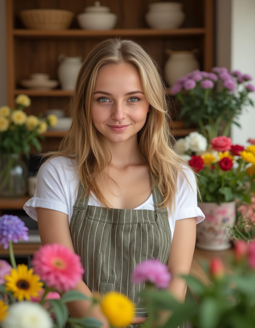 Lad463Bug, stunning intricate full color picture of a beautiful woman, wearing a florist apron in a flower shop, portait, subsurface scattering, f2, 35mm, film grain