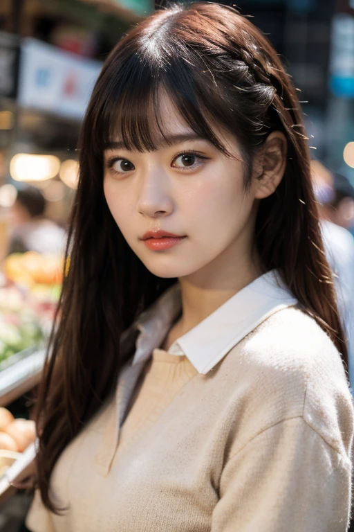 masterpiece, best quality, ultra-detailed, ultra high res, (photorealistic:1.4), raw photo, (realistic:0.2), 8k HDR, realistic cool temperature lighting, (asian:0.2), 1girl, solo, asymmetrical hair, outdoor, (traditional market:1.2), bokeh, (detailed lips), (detailed pores), (detailed skin textures), (detailed face:1.2), (upper body:1.2), a woman in a white collared shirt, promotional image, a character portrait,