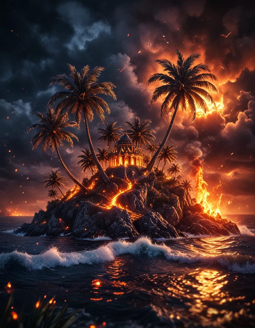 novuschroma style tiny island at night with palm trees with fire embers <lora:118_novuschroma_1:1>, <lora:sdxl_lightning_8step_lora:1>