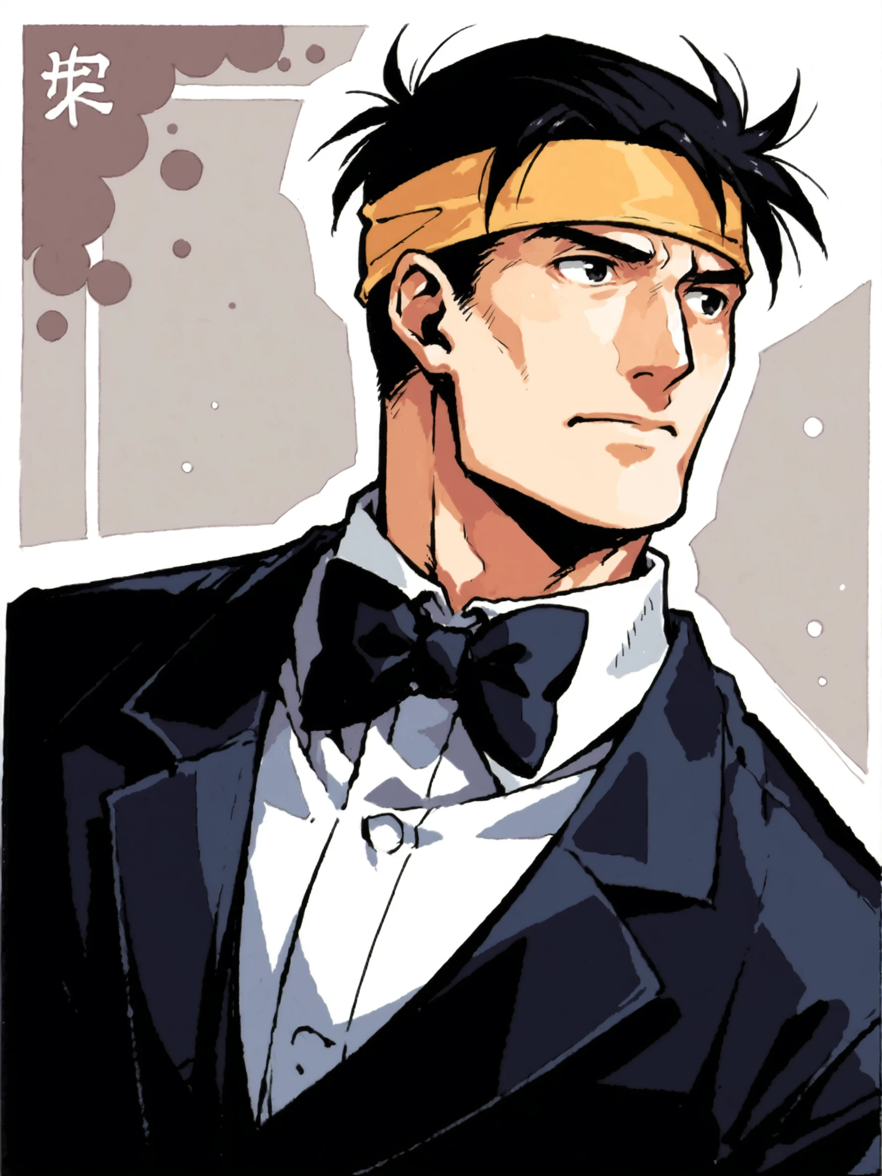 score_9, score_8up, score_7up, score_6up, score_5up, score_4up, dutch angle, dynamic angle, abstract background, source_anime, rating_safe, BREAK
solo, male, ss_gaira, black hair, headband, black eyes, tuxedo, bowtie, upper body focus, BREAK
 <lora:Gaira_Caffiene__Kafuin_-_Samurai_Shodown_-_PDXL:0.8>