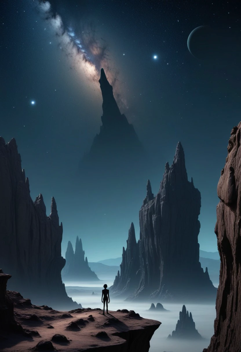 A desolate alien planet, with strange rock formations and a dark sky filled with twinkling stars, and a single figure standing on a cliff, looking out into the void, Faeothic