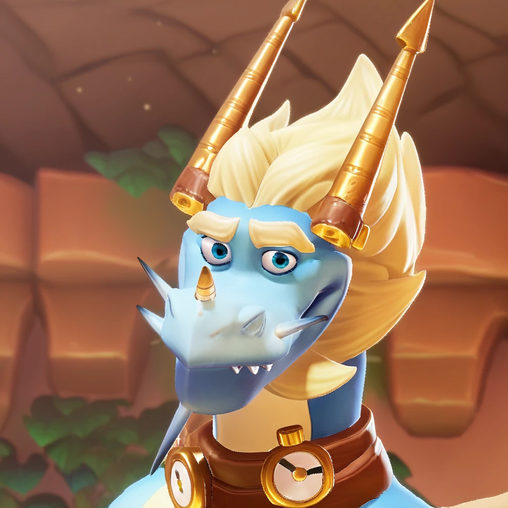 score_9_up, score_8_up, score_7_up, 1boy, solo male, anthro, anthro male, source_furry, source_game, dragon, anthro dragon, blue skin, light yellow underbelly, blue eyes, thick eyebrows, blonde hair, sharp teeth, facial hair, small horn on nose, brown collar, wristwatch, brown belts, smiling, looking at viewer, bust shot, high quality, best quality, detailed