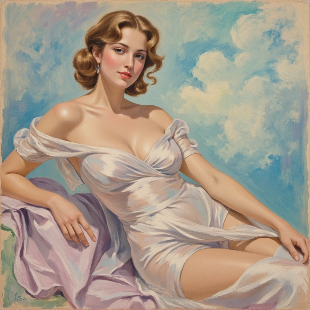 A sensual Rachel Cook, wearing stockings, garter, and white lacy lingerie, topless, medium naked breasts, cleavage. No panties, legs spread, female pubic hair. Full body portrait, pin-up painting from the '50s, in the art style of Alberto Vargas, award-winning, masterpiece