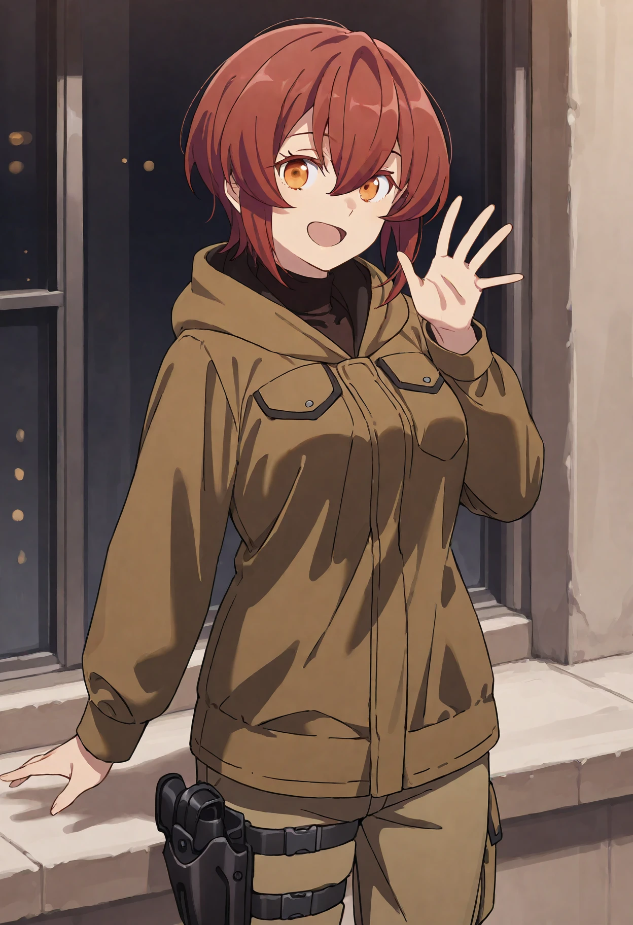 1girl, , kurenakukumila, 1girl, solo, red hair, short hair, looking at viewer,, brown hooded jacket,, brown eyelashes, orange eyes, sidelocks, standing, brown pants, holster,, hair between eyes, , cowboy shot,  breasts, smile, open mouth, turtleneck shirt,  <lora:kurenakukumila_ill:1>