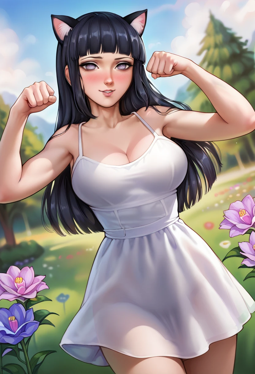 score_9,score_8_up, score_7_up, BREAK hinata,1girl,solo, black hair, long hair, blunt bangs,lavender eyes,no pupils,lips, large breasts, white sundress, cat ears, paw pose, cowboy shot, grin, parted lips, blush,outdoors, flower field,arms up,dutch angle, hands up,looking at viewer,   <lora:AromaCharsPony:1>