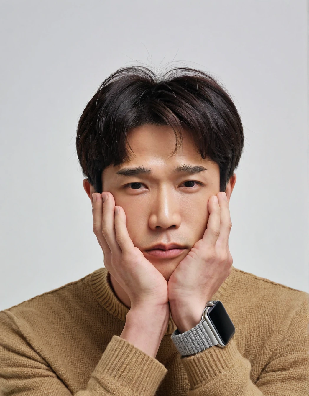 jasper_liu, watch, wristwatch, realistic, solo, male focus, 1boy, looking at viewer, white background, simple background, upper body, long sleeves, black eyes, head rest, hands up, black hair, sweater, brown hair, lips