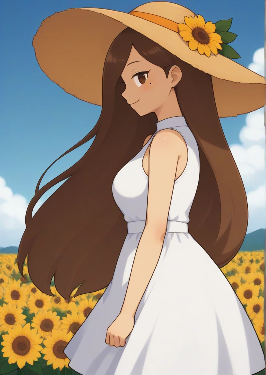 1girl,blue sky, brown hair, closed mouth, cloud, dress, flower, hat, long hair, mole, outdoors, profile, sky, sleeveless, sleeveless dress, smile, solo, straw hat, sun hat, sundress, sunflower, white dress, yellow flower, coolbeetman <lora:CoolBeetMan:1>