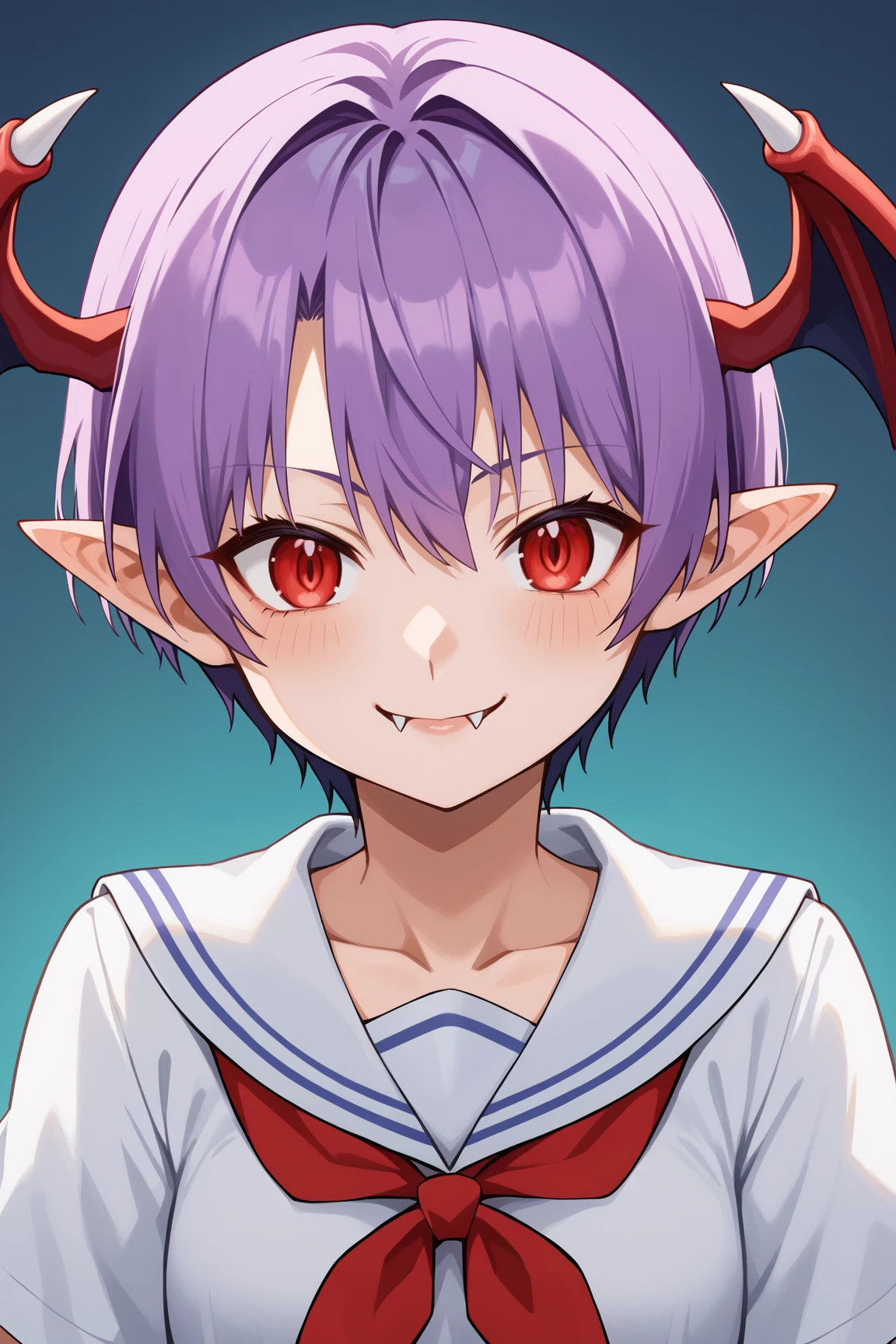 score_9, score_8_up, score_7_up, source anime, prefect lighting, very aesthetic, BREAK, anime coloring, 
<lora:lilith_darkstalkers_v2-pdv6:1>, 1girl, lilith \(darkstalkers\), red eyes, purple hair, short hair, demon girl, fangs, 
serafuku, head wings, upper body, pointy ears, 
BREAK, looking at viewer, light smile,
BREAK,