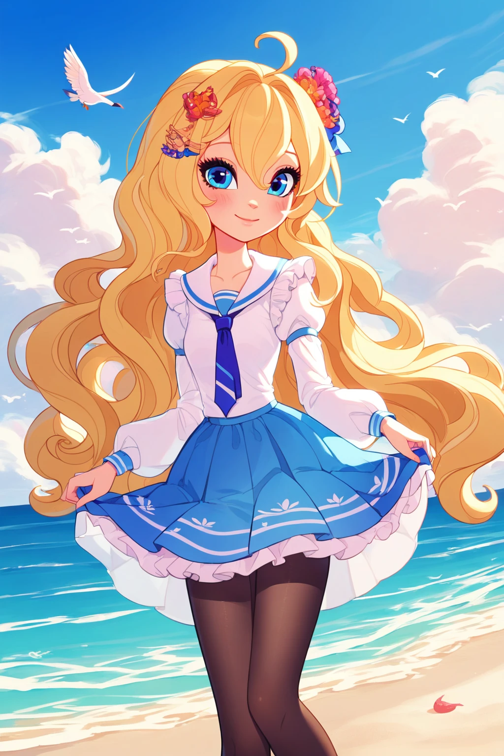 score_9, score_8_up, score_8, <lora:everafterhigh:0.8>, everafterhigh, 1girl, solo, dress, smile, blue eyes, long hair, outdoors, long sleeves, day, pantyhose, sky, blue dress, cloud, closed mouth, hair between eyes, ahoge, blush, puffy sleeves, blue sky, very long hair, ocean, skirt hold, looking at viewer, blonde hair, beach, pleated dress, frilled dress, frills, black pantyhose, sailor collar, white sailor collar, collarbone, juliet sleeves, hair ornament, white shirt, horizon, cowboy shot, shirt, sailor dress, bird, necktie, standing, cloudy sky